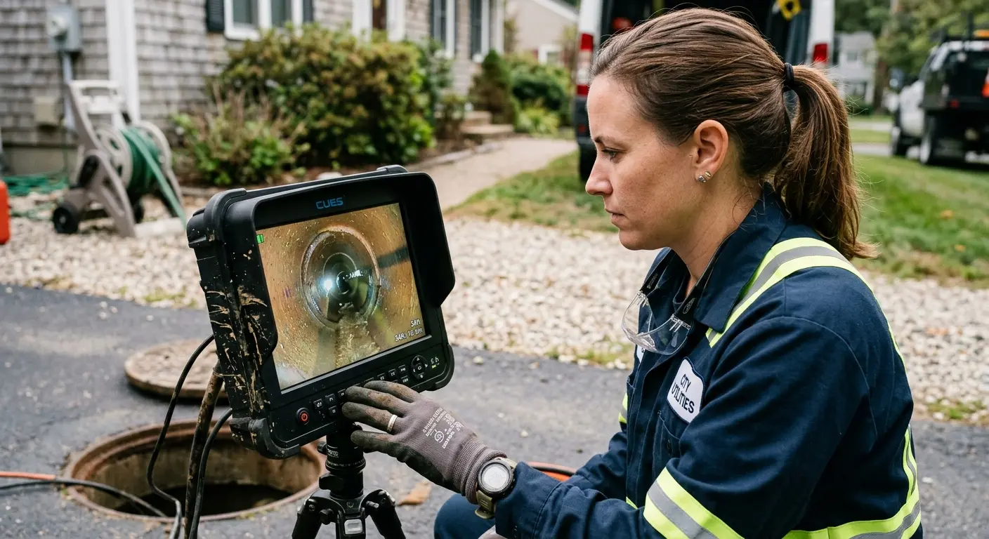 Technician reviewing sewer camera inspection footage in Kaser