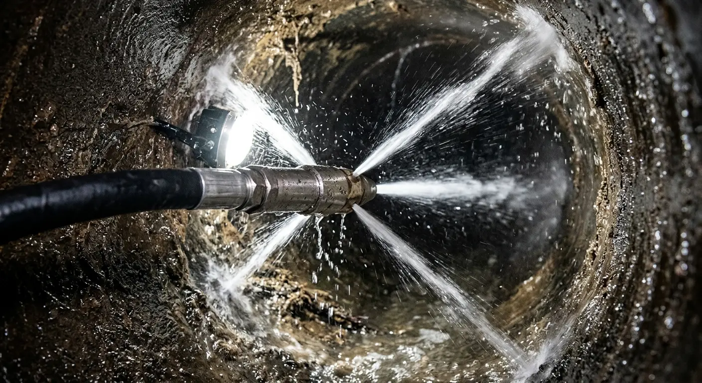 High-pressure hydro jetting nozzle cleaning sewer pipe for Trenchless Sewer Repair in Kaser