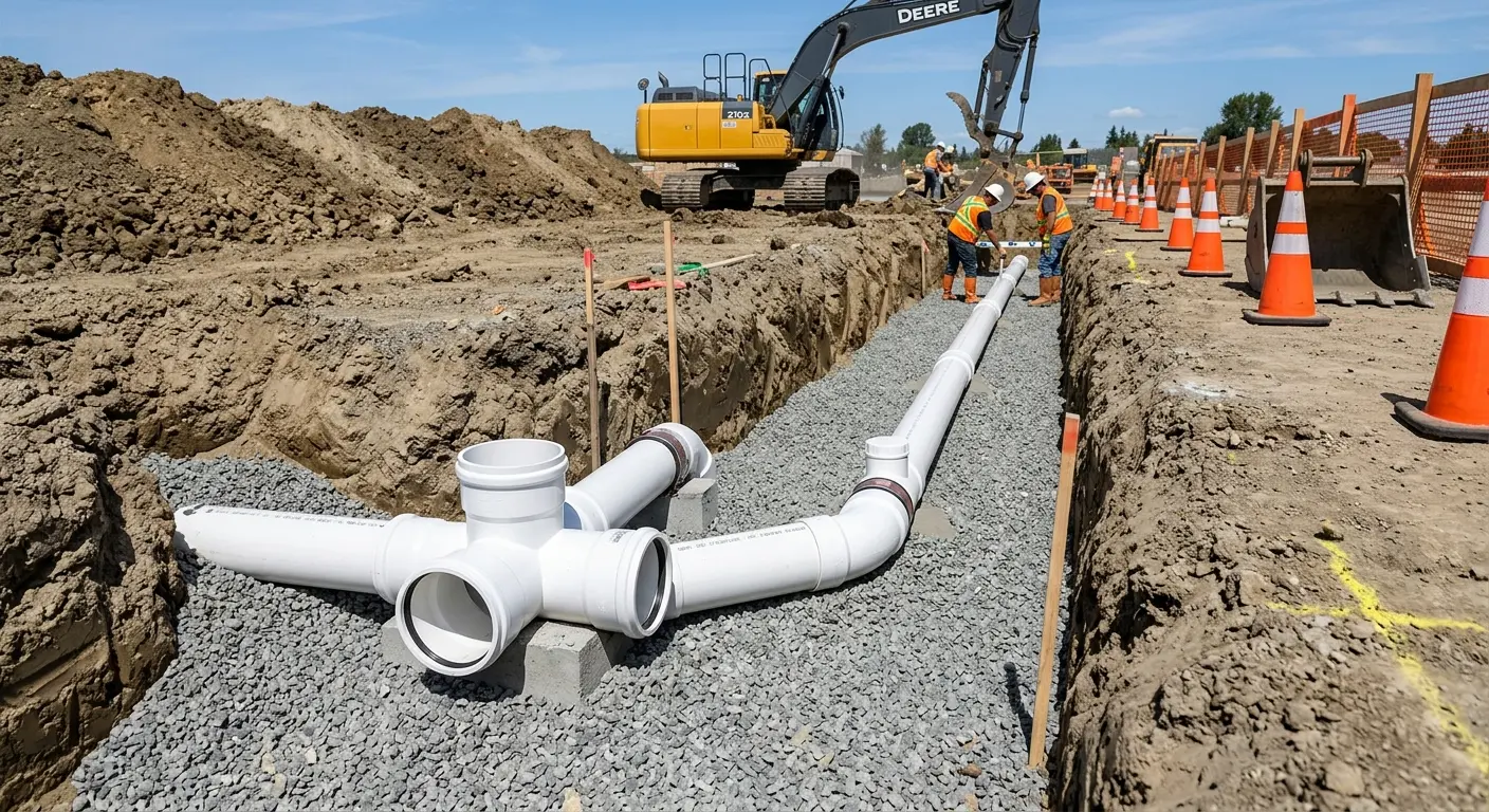 New PVC sewer pipe installation in open trench for Grease Trap Cleaning in Kaser