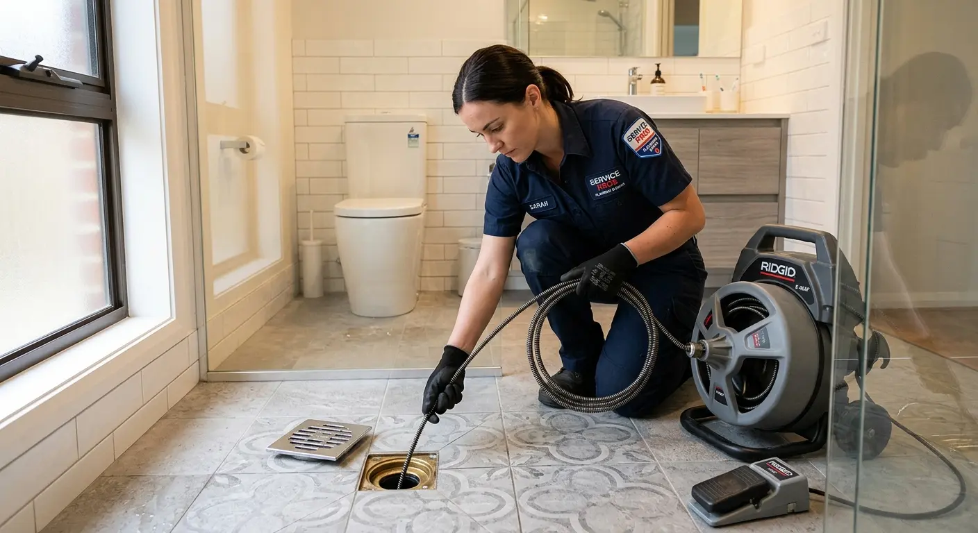 Technician clearing a bathroom floor drain for Drain Repair in Kaser